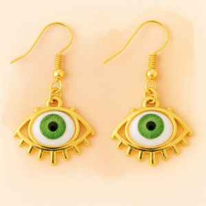 Gold Eye Dangle Earrings – Green Iris